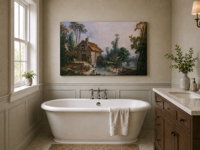 Landscape Oil Painting - Rustic Stream and Village Life Scene