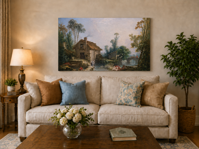 Landscape Oil Painting - Rustic Stream and Village Life Scene