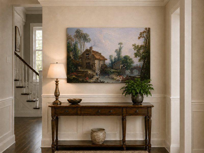 Landscape Oil Painting - Rustic Stream and Village Life Scene