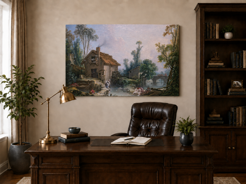 Landscape Oil Painting - Rustic Stream and Village Life Scene