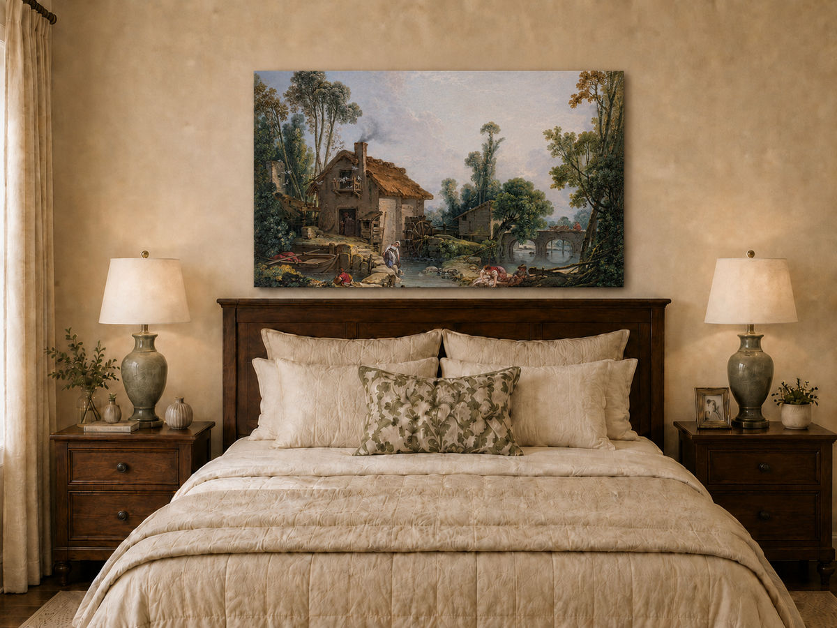 Landscape Oil Painting - Rustic Stream and Village Life Scene