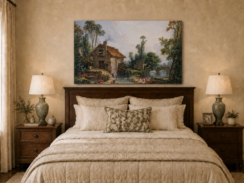 Landscape Oil Painting - Rustic Stream and Village Life Scene