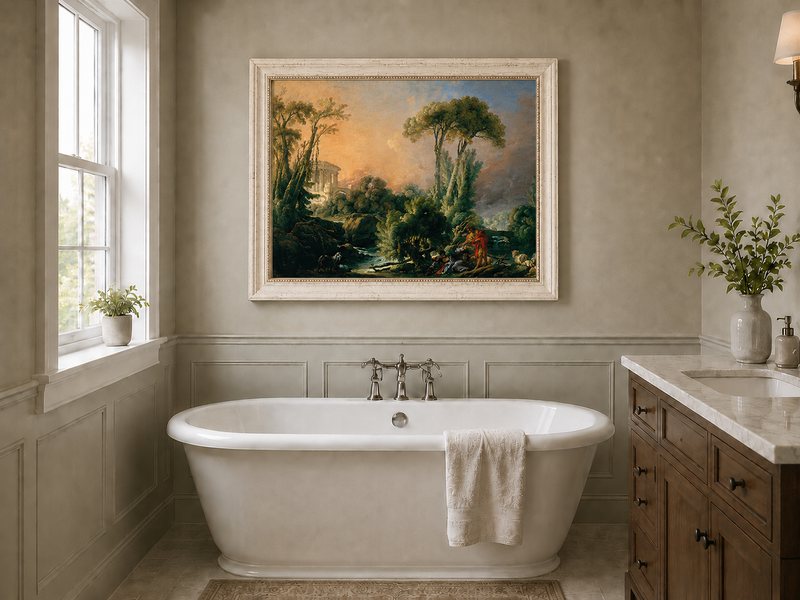 Landscape Oil Painting - Classical Forest Figures & Ancient Ruins