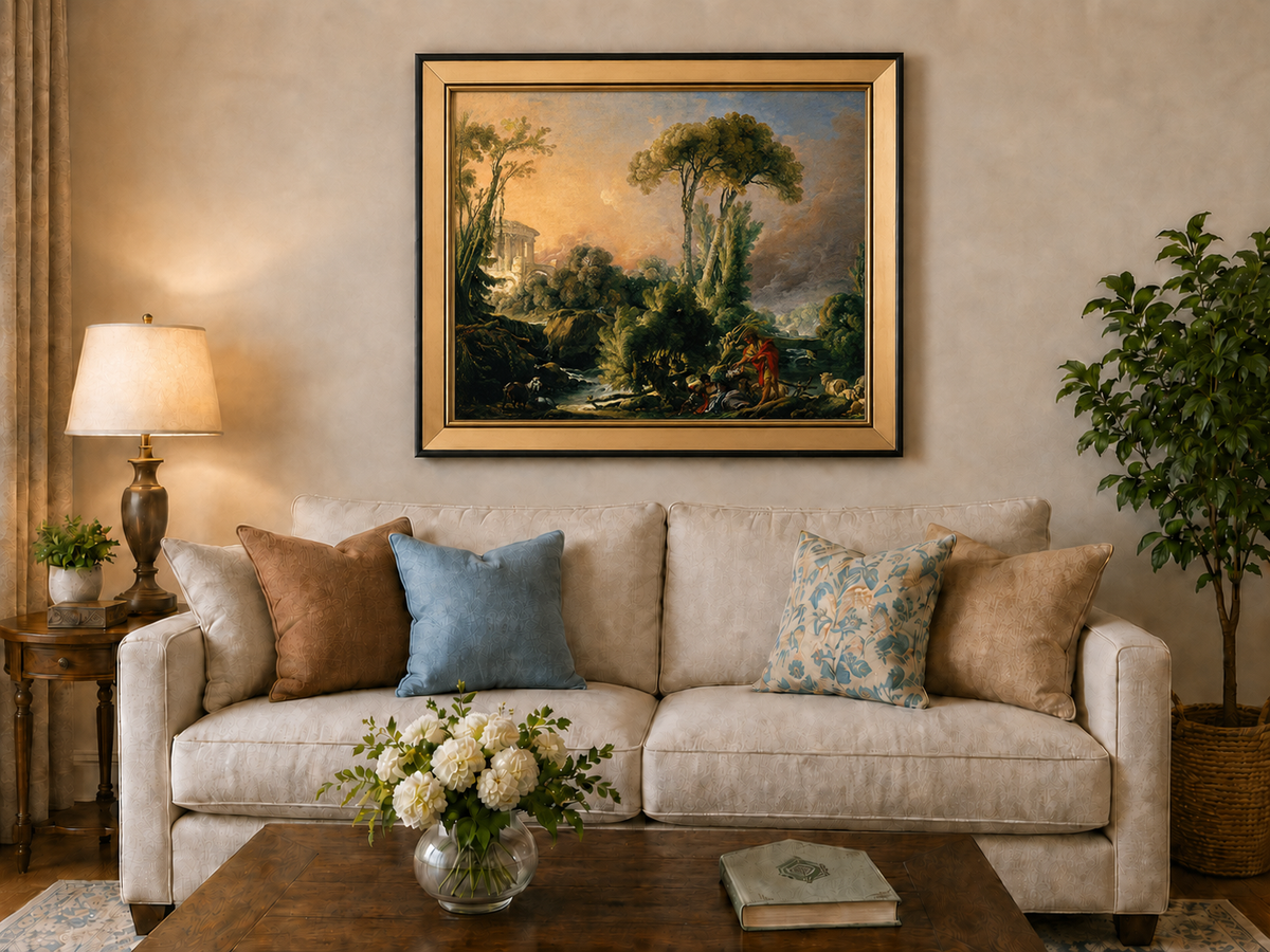 Landscape Oil Painting - Classical Forest Figures & Ancient Ruins