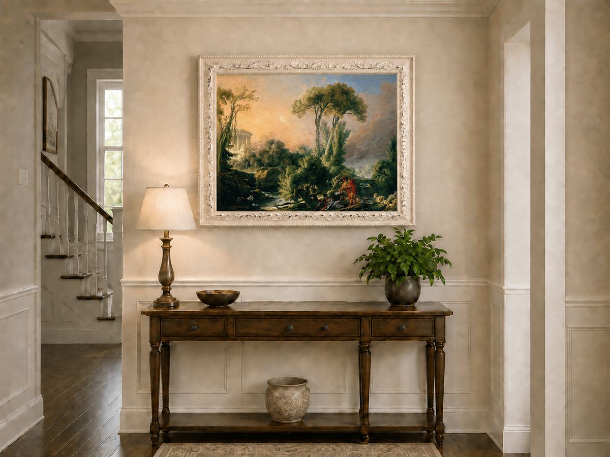 Landscape Oil Painting - Classical Forest Figures & Ancient Ruins