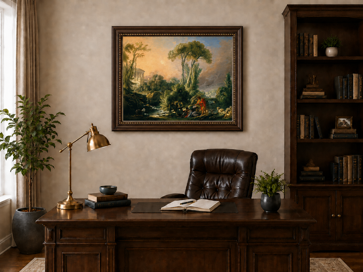 Landscape Oil Painting - Classical Forest Figures & Ancient Ruins