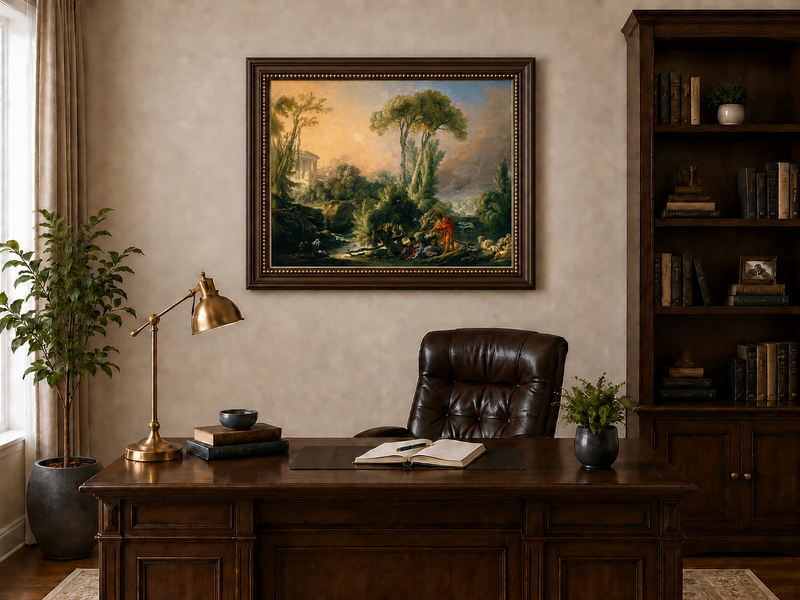 Landscape Oil Painting - Classical Forest Figures & Ancient Ruins