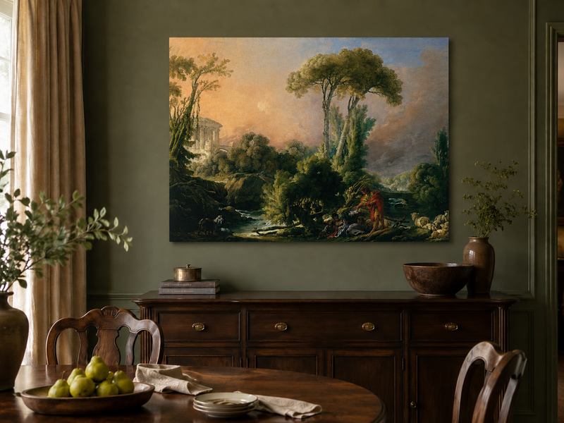 Landscape Oil Painting - Classical Forest Figures & Ancient Ruins