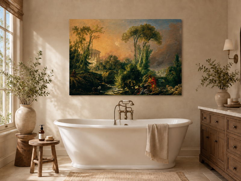 Landscape Oil Painting - Classical Forest Figures & Ancient Ruins