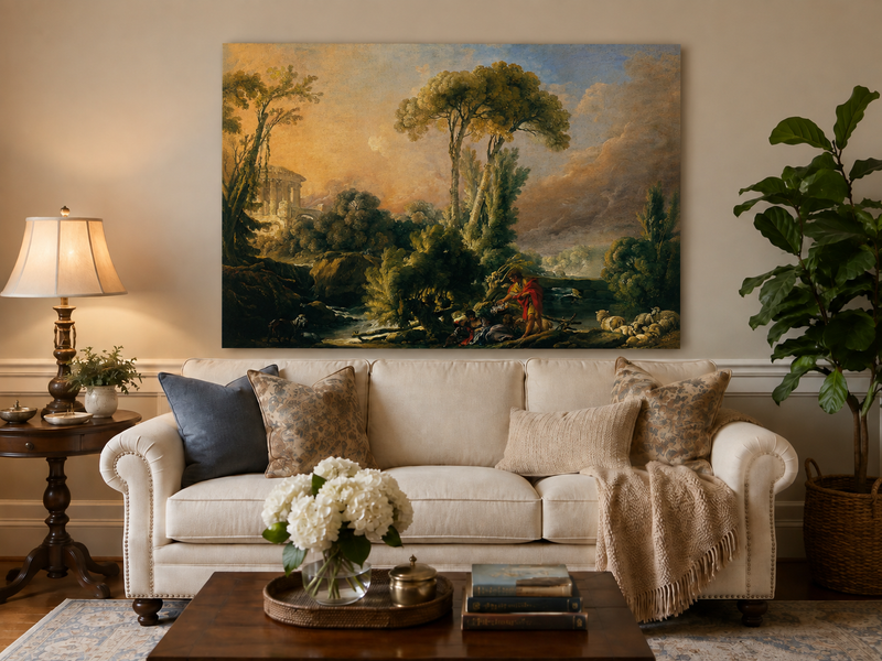 Landscape Oil Painting - Classical Forest Figures & Ancient Ruins