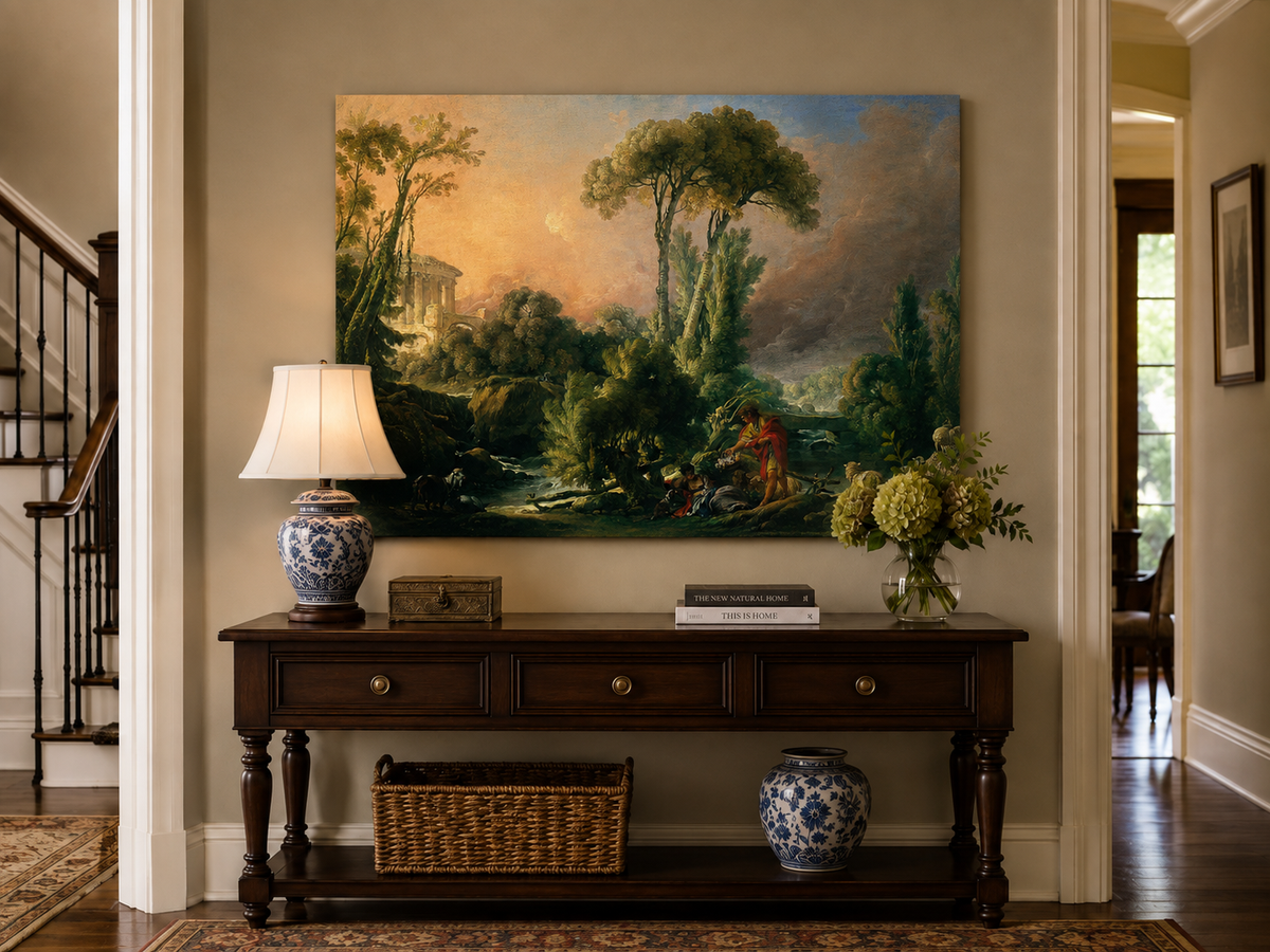 Landscape Oil Painting - Classical Forest Figures & Ancient Ruins