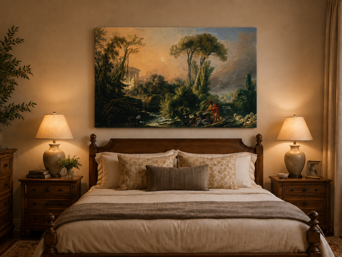 Landscape Oil Painting - Classical Forest Figures & Ancient Ruins