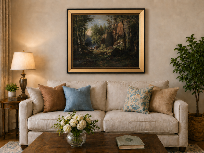 Peinture à l'huile de paysage - Gouffre rocheux spectaculaire avec personnages