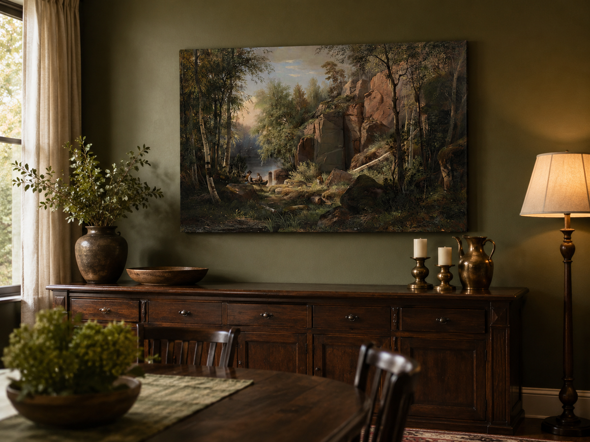 Peinture à l'huile de paysage - Gouffre rocheux spectaculaire avec personnages