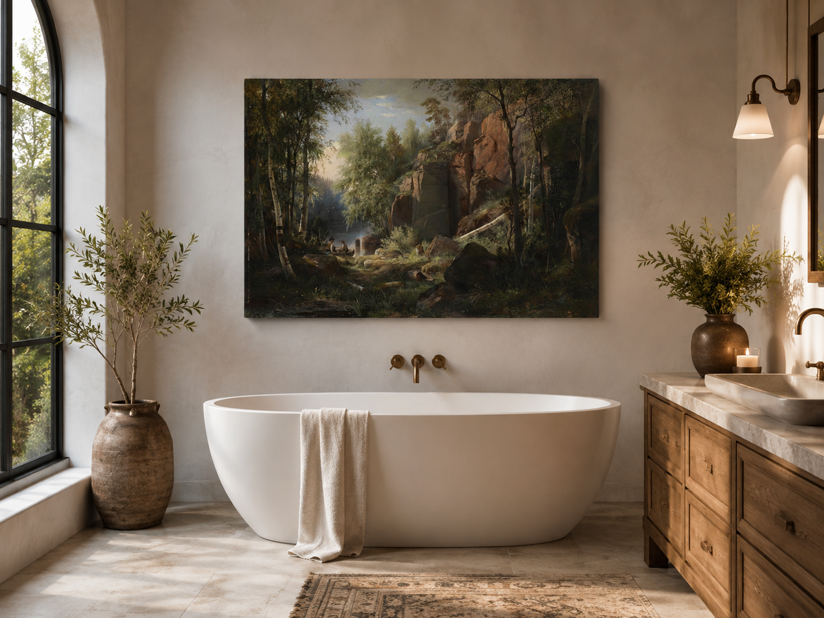 Peinture à l'huile de paysage - Gouffre rocheux spectaculaire avec personnages