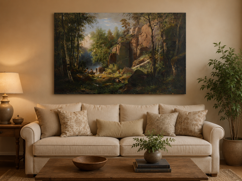 Peinture à l'huile de paysage - Gouffre rocheux spectaculaire avec personnages