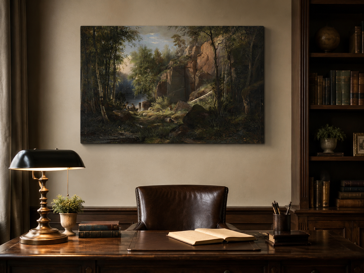 Peinture à l'huile de paysage - Gouffre rocheux spectaculaire avec personnages