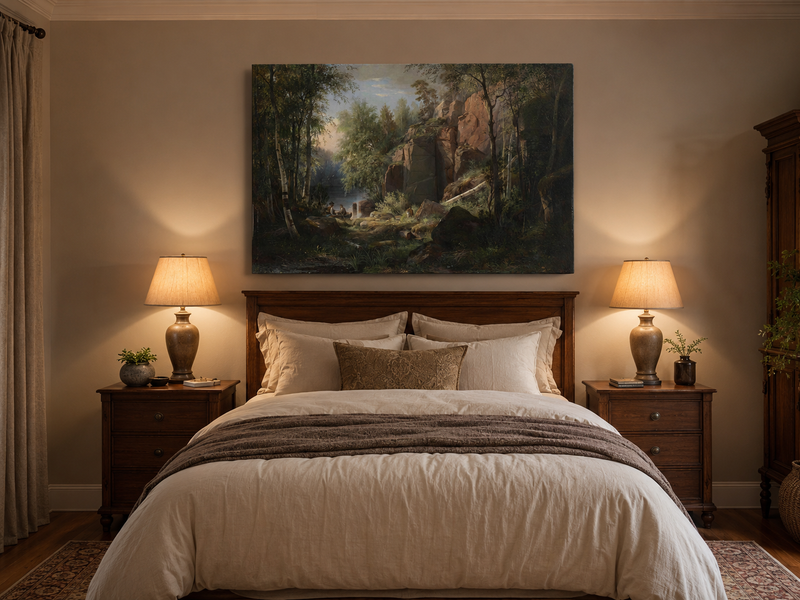 Peinture à l'huile de paysage - Gouffre rocheux spectaculaire avec personnages