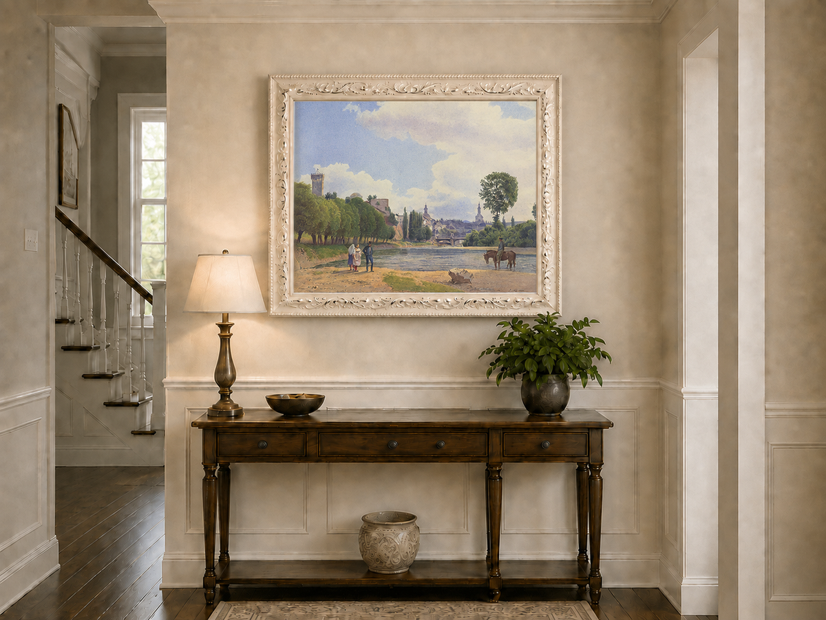 Landscape Oil Painting - Riverside Town by the Water with Figures