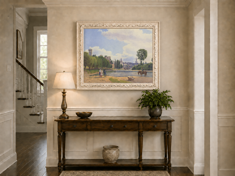 Landscape Oil Painting - Riverside Town by the Water with Figures