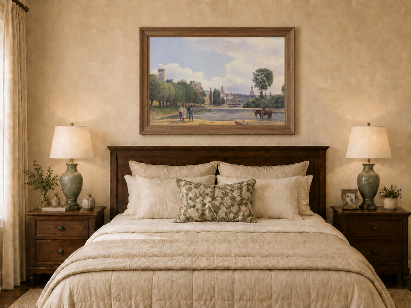 Landscape Oil Painting - Riverside Town by the Water with Figures