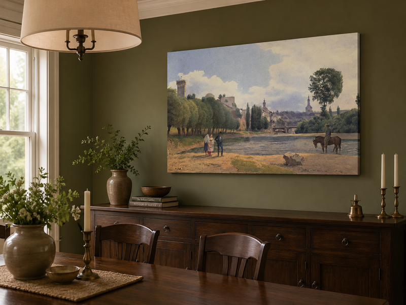Landscape Oil Painting - Riverside Town by the Water with Figures