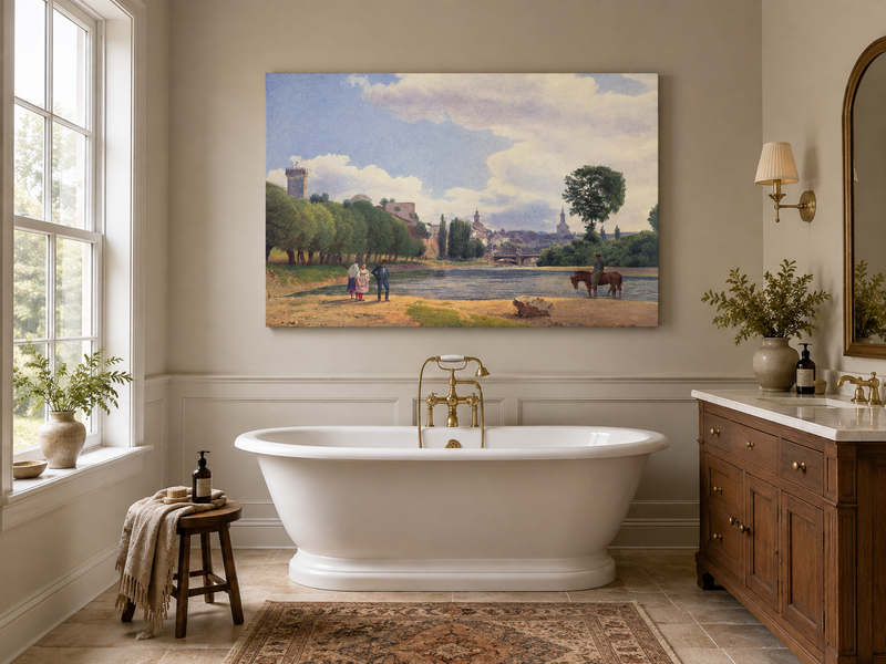 Landscape Oil Painting - Riverside Town by the Water with Figures