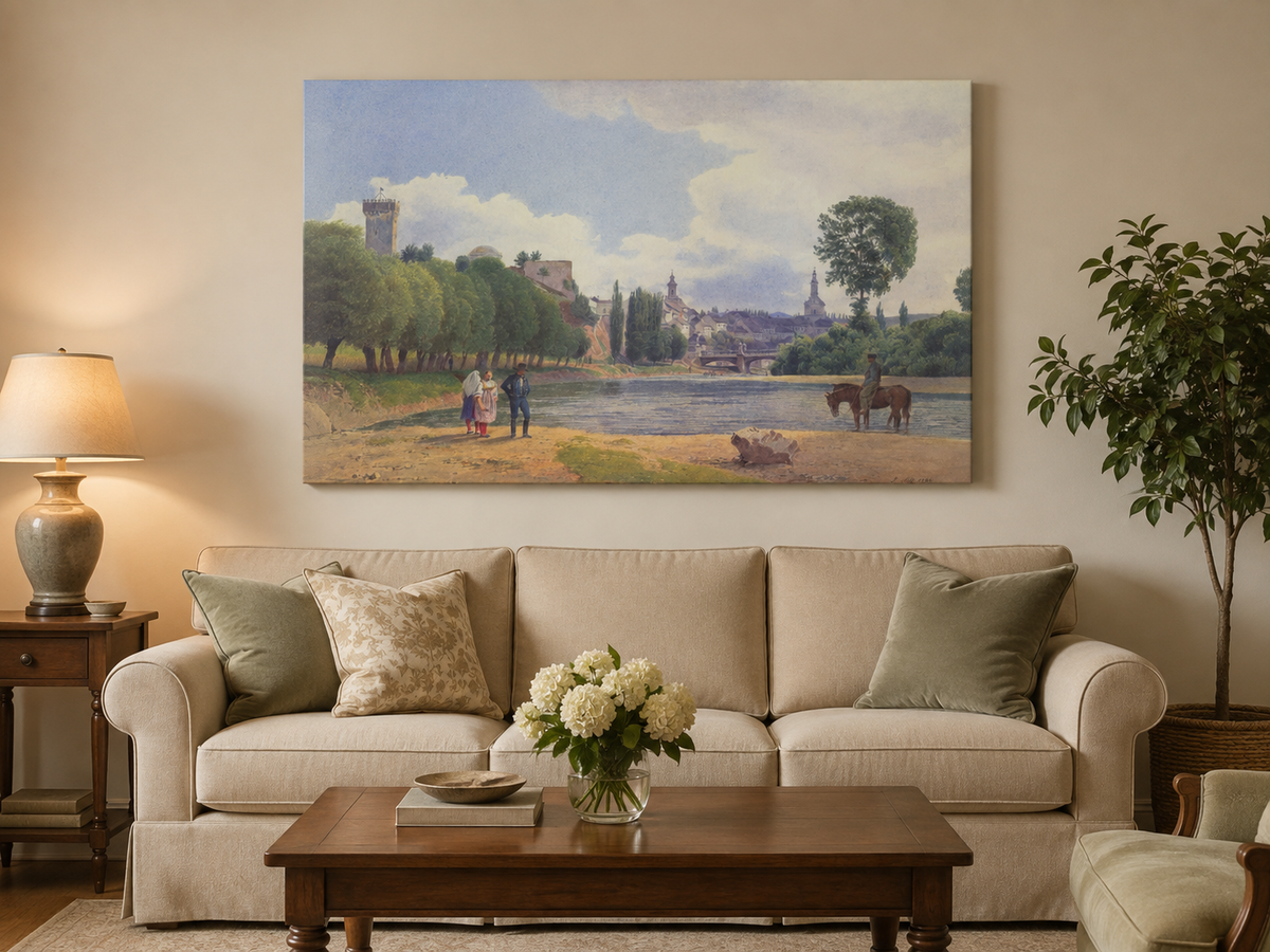 Landscape Oil Painting - Riverside Town by the Water with Figures
