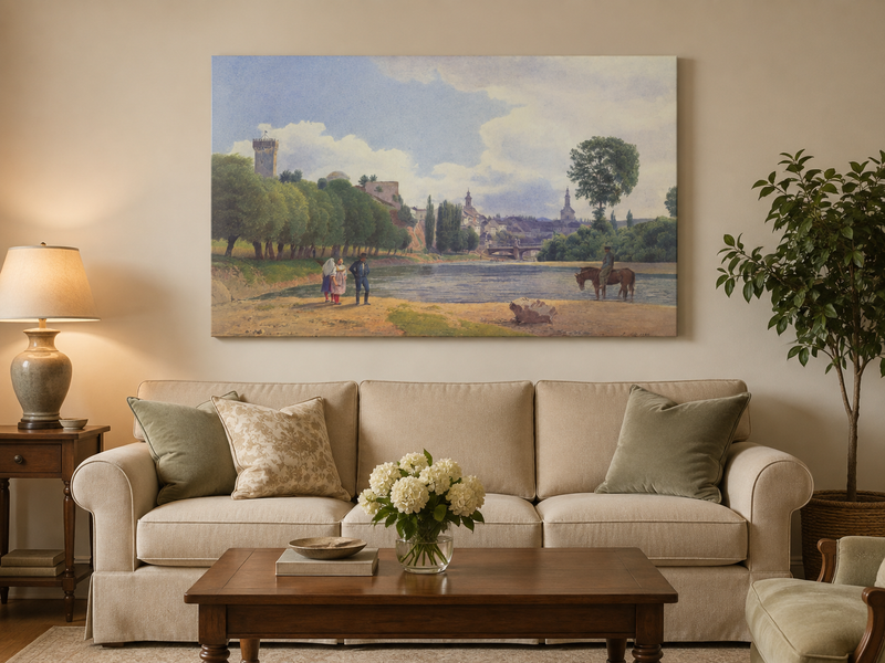 Landscape Oil Painting - Riverside Town by the Water with Figures