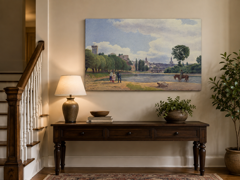 Landscape Oil Painting - Riverside Town by the Water with Figures