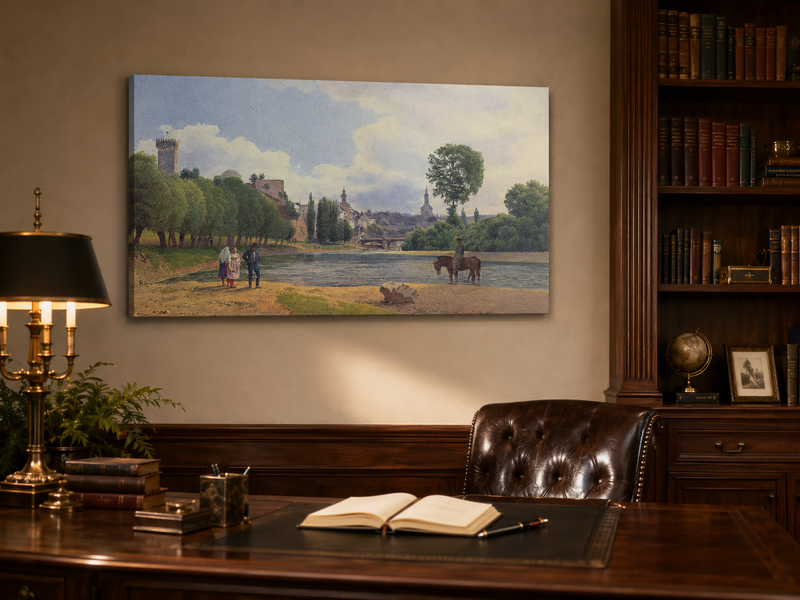 Landscape Oil Painting - Riverside Town by the Water with Figures