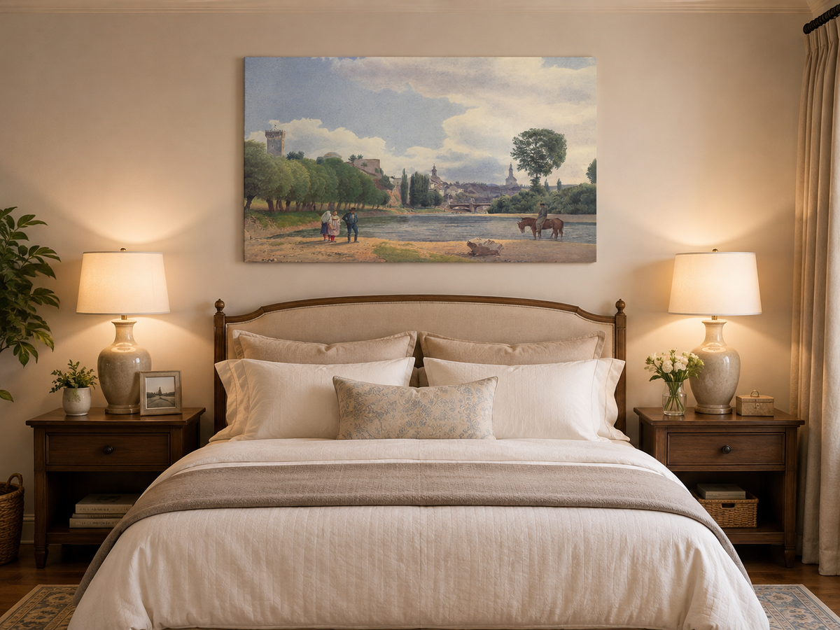 Landscape Oil Painting - Riverside Town by the Water with Figures