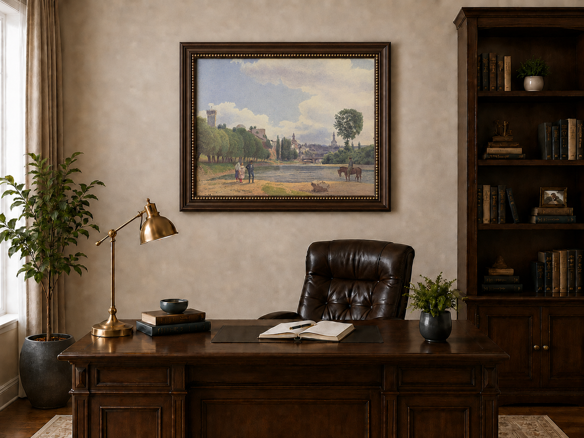 Landscape Oil Painting - Riverside Town by the Water with Figures
