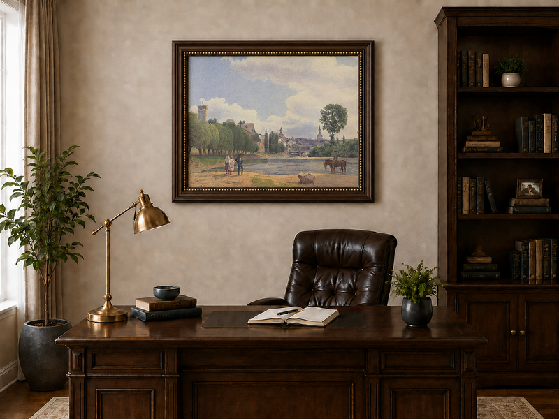 Landscape Oil Painting - Riverside Town by the Water with Figures