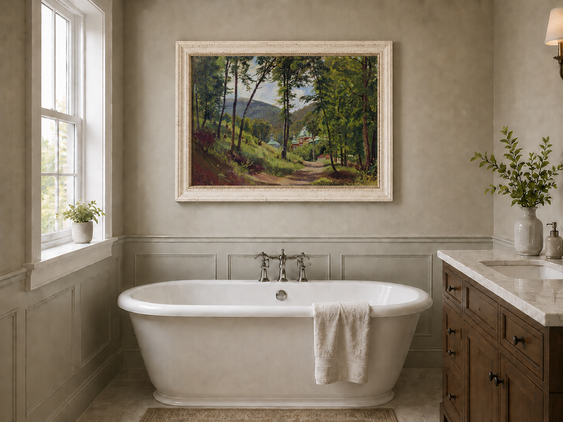 Peinture à l'huile de paysage - Gouffre rocheux spectaculaire avec personnages