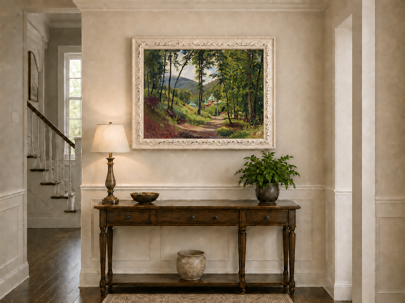 Peinture à l'huile de paysage - Gouffre rocheux spectaculaire avec personnages