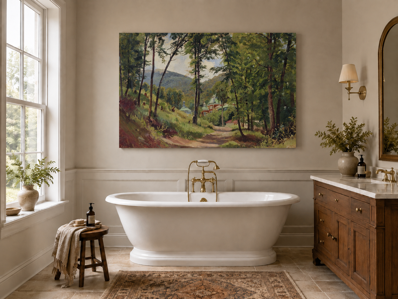 Peinture à l'huile de paysage - Gouffre rocheux spectaculaire avec personnages