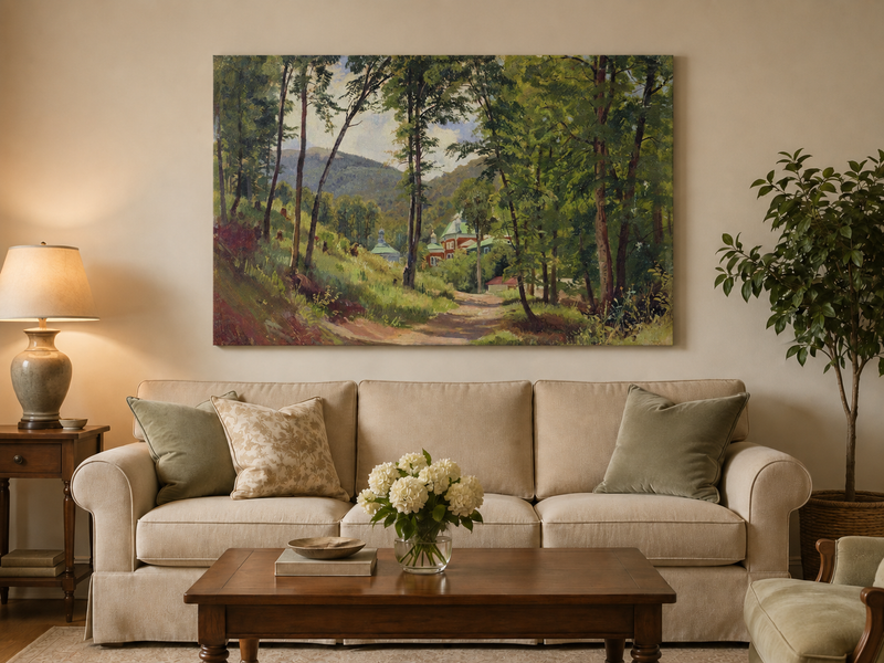 Peinture à l'huile de paysage - Gouffre rocheux spectaculaire avec personnages