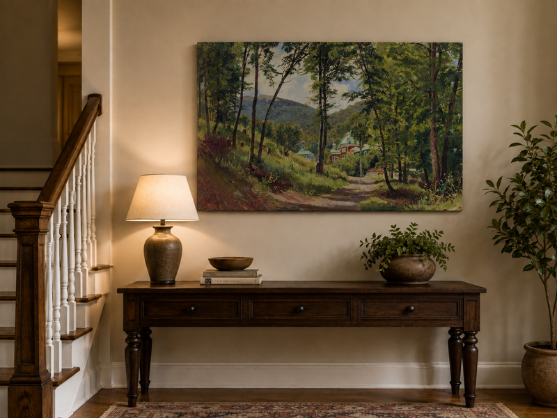 Peinture à l'huile de paysage - Gouffre rocheux spectaculaire avec personnages