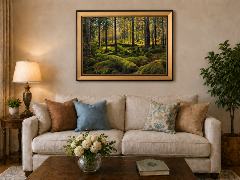 Landscape Oil Painting - Sunlit Mossy Forest Interior