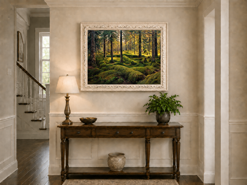 Landscape Oil Painting - Sunlit Mossy Forest Interior