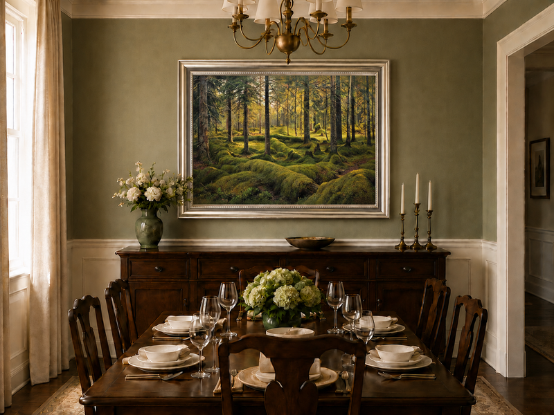 Landscape Oil Painting - Sunlit Mossy Forest Interior