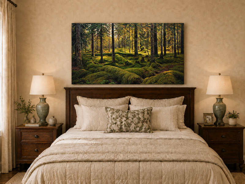 Landscape Oil Painting - Sunlit Mossy Forest Interior