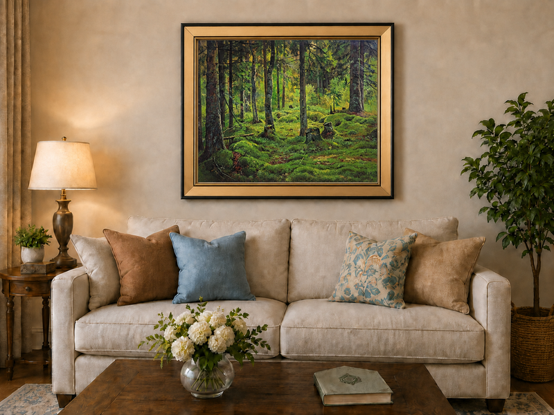 Landscape Oil Painting - Mossy Forest Clearing with Birch Trees