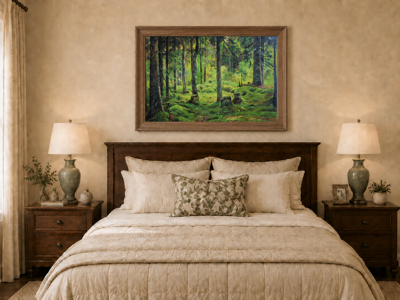 Landscape Oil Painting - Mossy Forest Clearing with Birch Trees