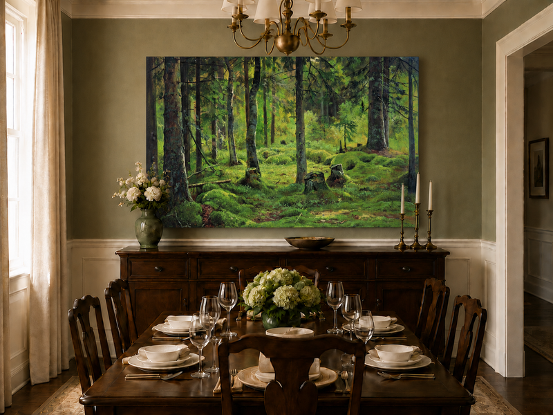 Landscape Oil Painting - Mossy Forest Clearing with Birch Trees