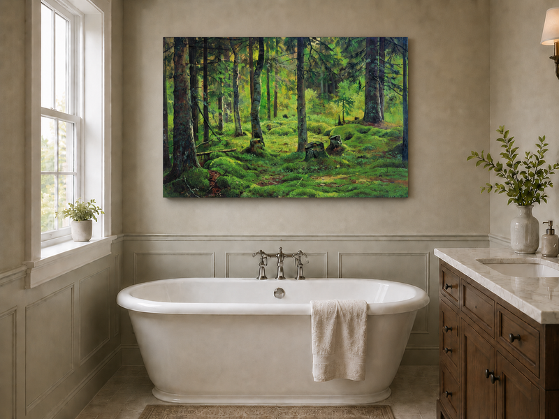 Landscape Oil Painting - Mossy Forest Clearing with Birch Trees