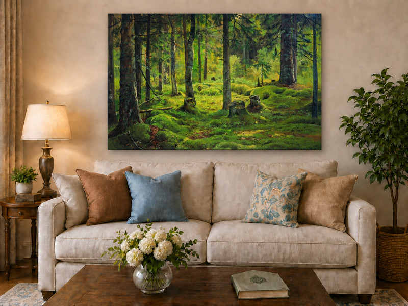 Landscape Oil Painting - Mossy Forest Clearing with Birch Trees