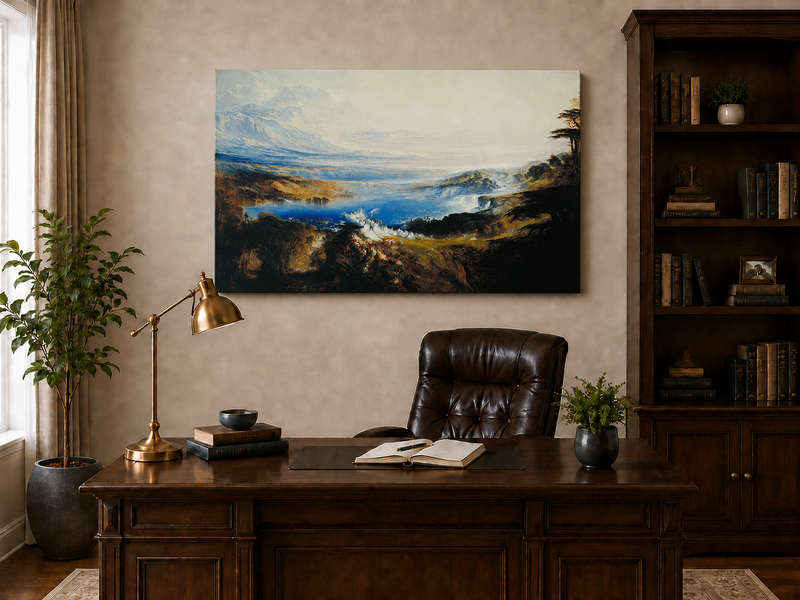 Landschaftsgemälde in Öl – Winterliche Flusslandschaft mit Figuren und Pferden