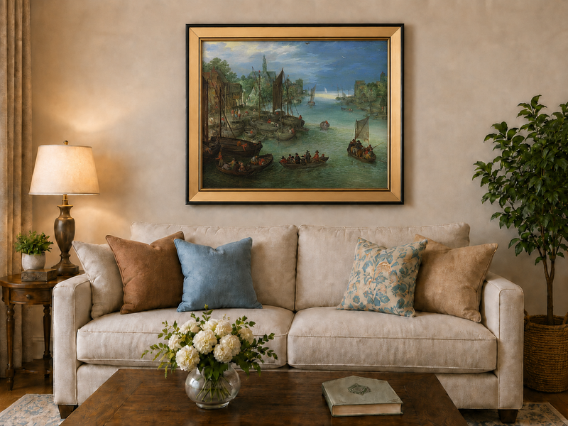 Peinture à l'huile de paysage - Scène de rivière hivernale avec personnages et chevaux